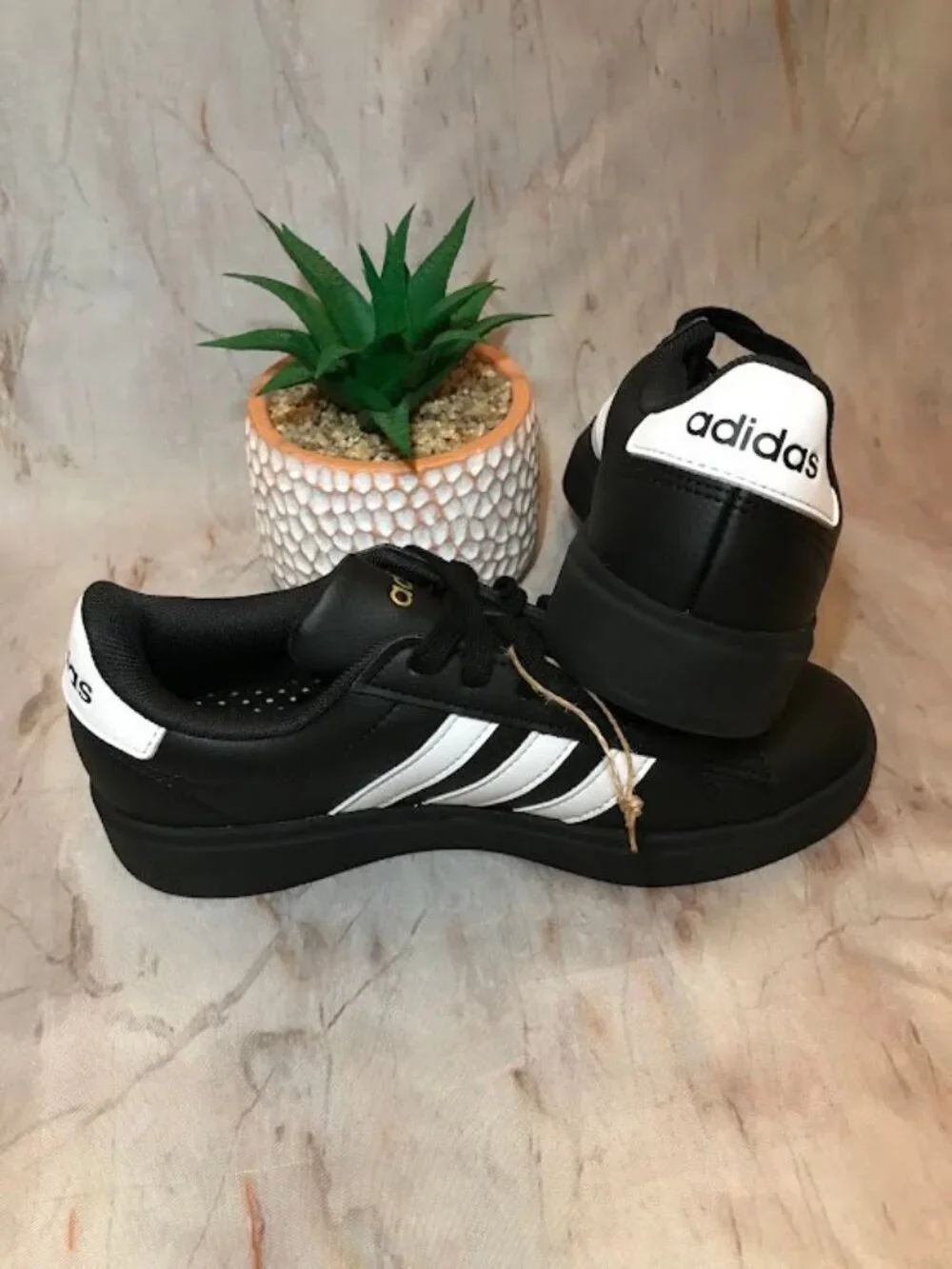 Adidas Black Sneakers Lace-Up with White Stripes and Heel Tab Size 5Y